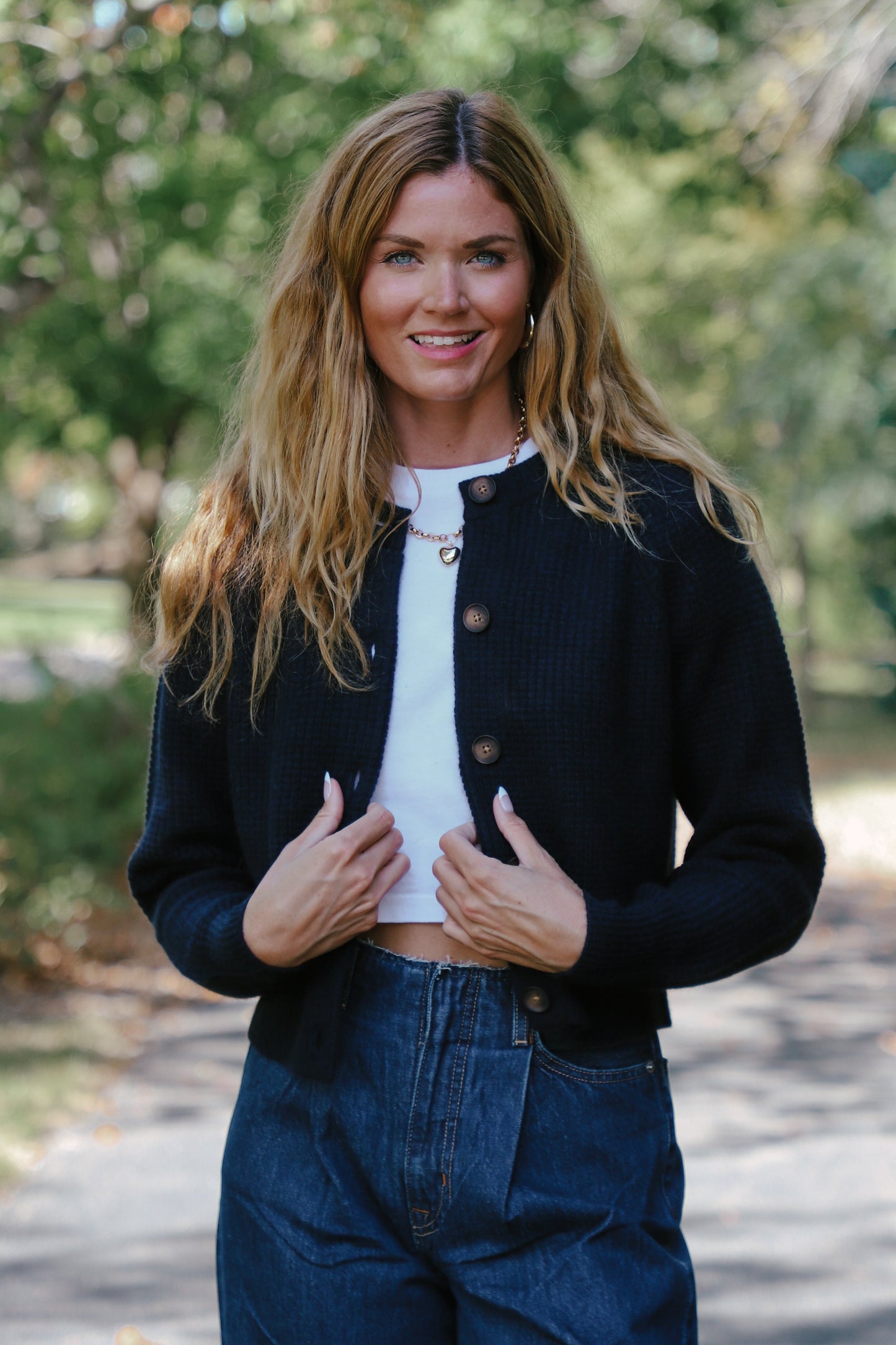 Cashmere Waffle Crewneck Cardigan in Deep Navy