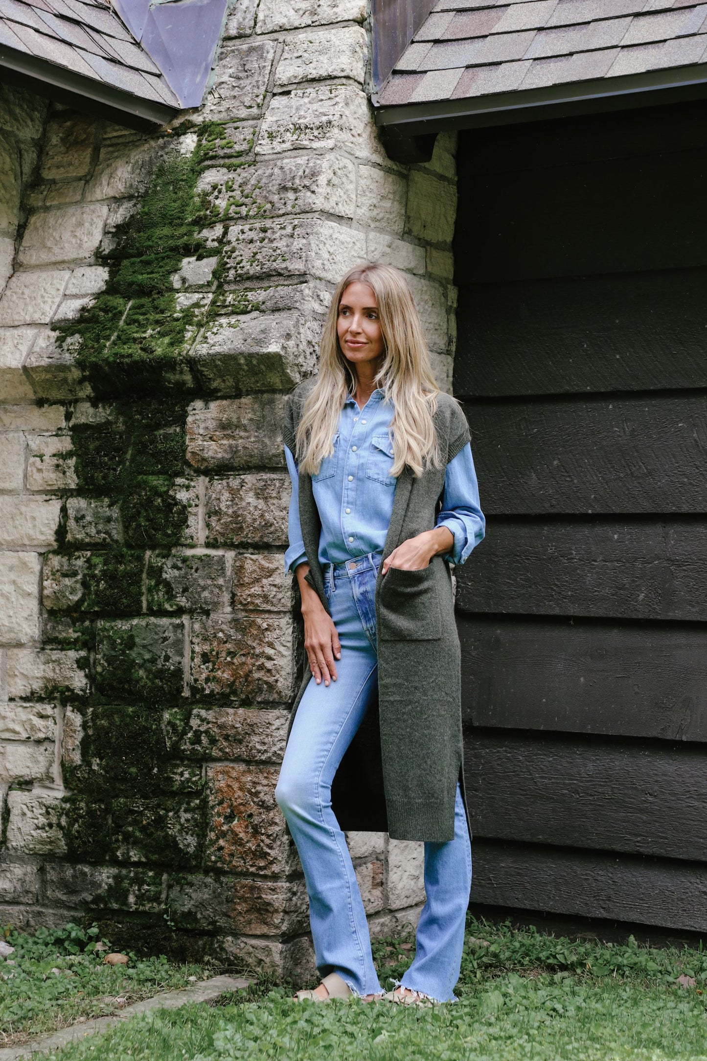 Long Open Cashmere Duster Cardigan in Thyme Heather