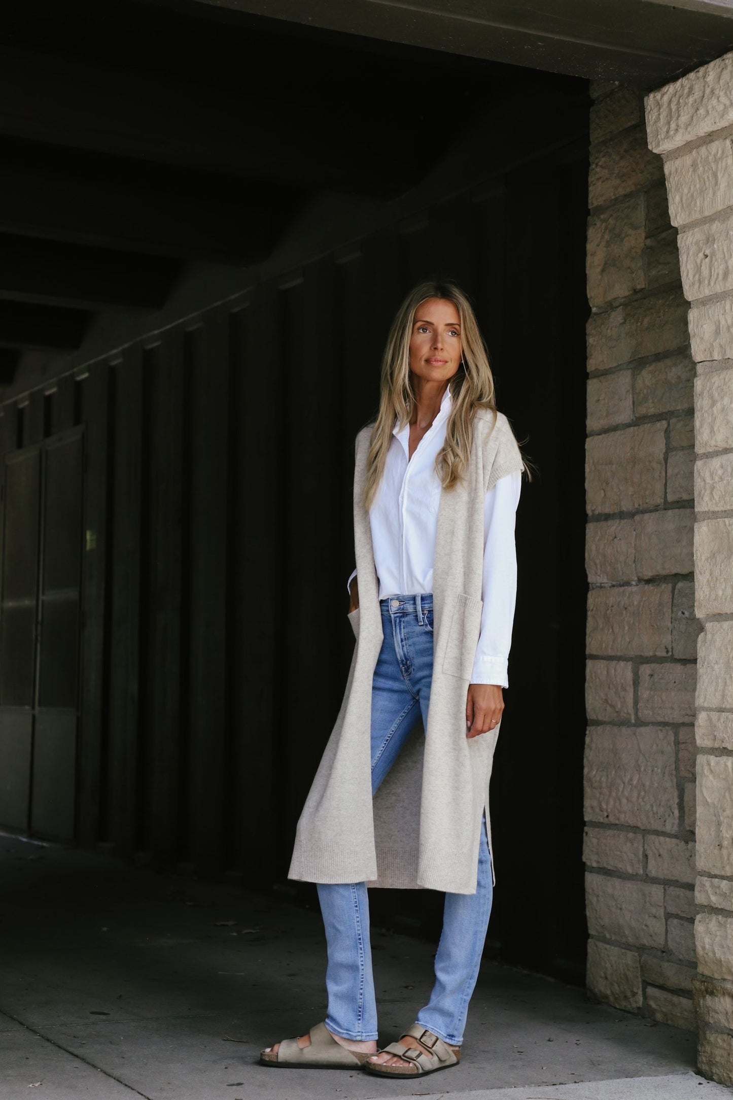 Long Open Cashmere Duster Cardigan in Sandwisp Heather