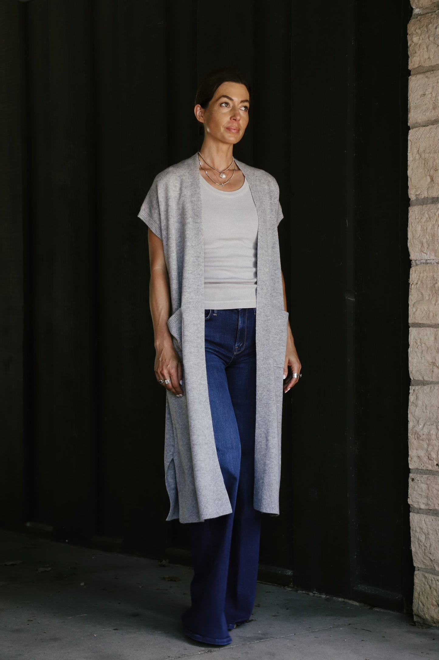 Long Open Cashmere Duster Cardigan in Grey Heather