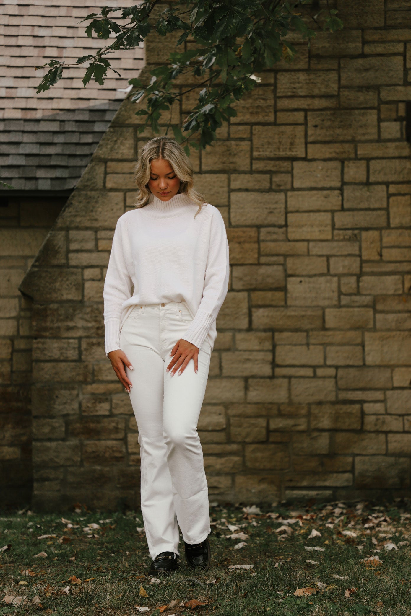 Cashmere Dolman Stand Neck Sweater in Soft White