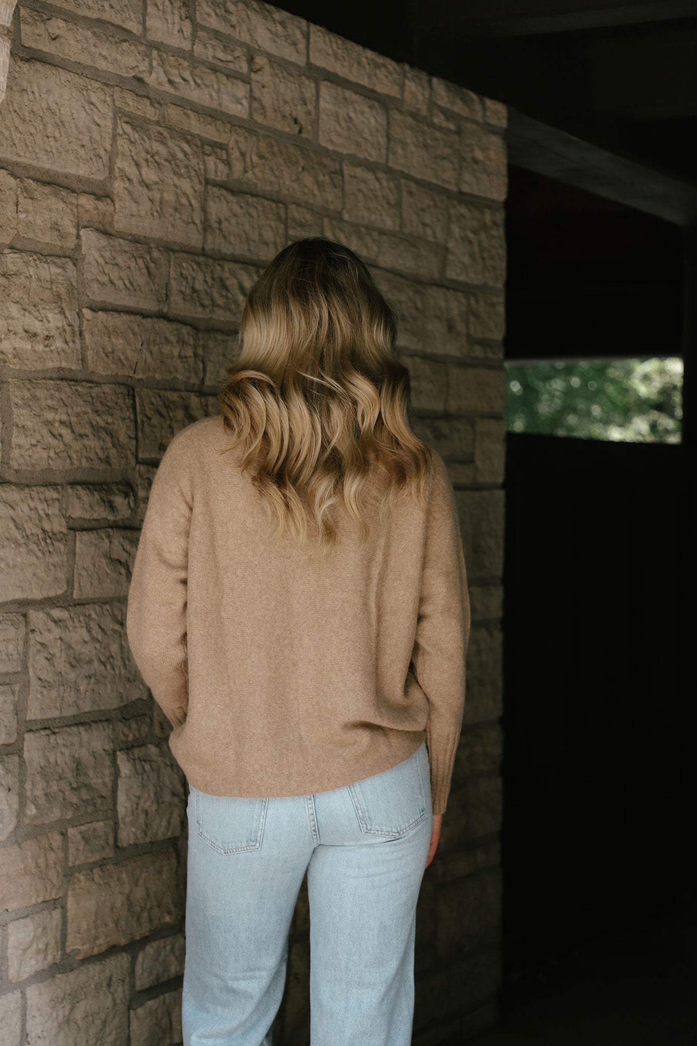 Cashmere Dolman Stand Neck Sweater in Camel Heather