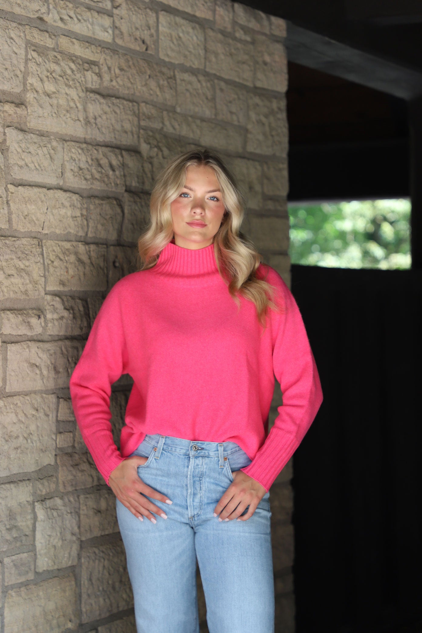 Cashmere Dolman Stand Neck Sweater in Bright Rose