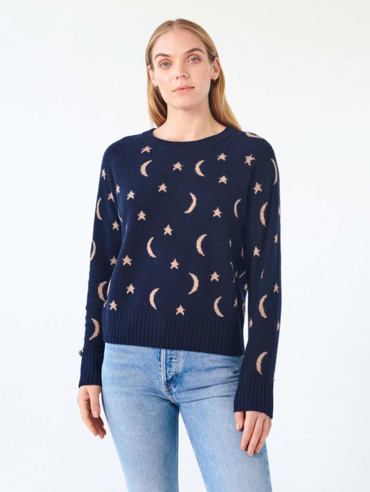 Cashmere New Moon Intarsia Sweatshirt in Deep Navy/Camel