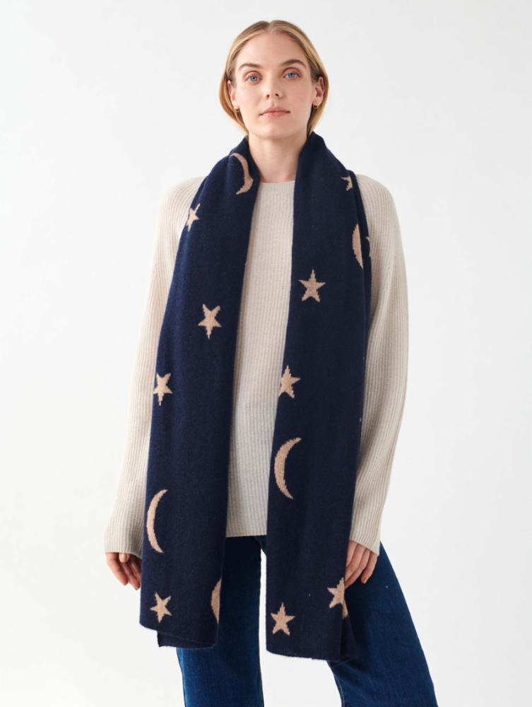 Cashmere New Moon Intarsia Scarf in Deep Navy/Camel