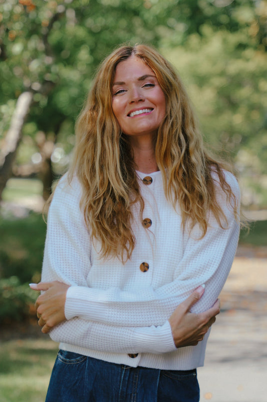 Cashmere Waffle Crewneck Cardigan in Soft White