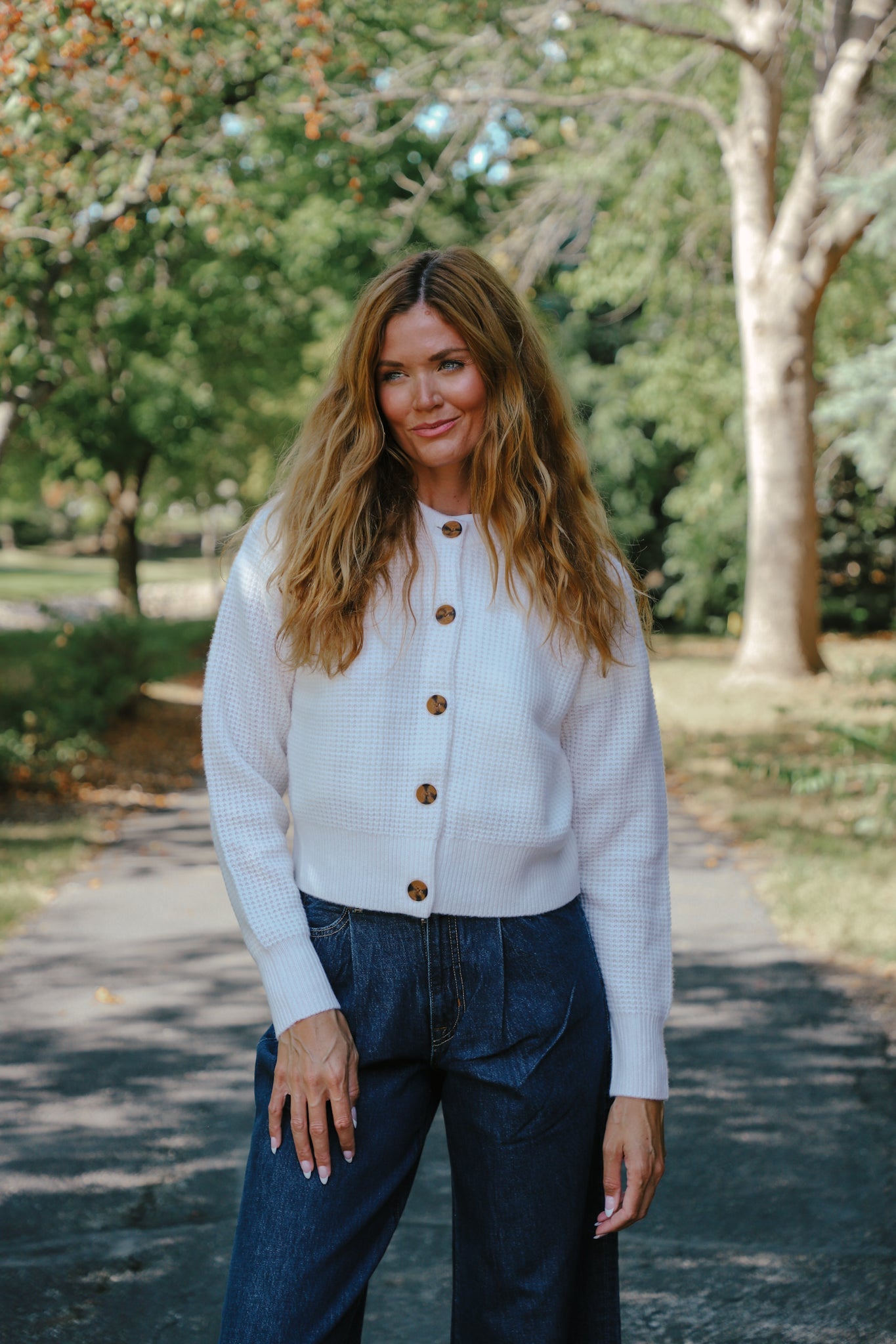 Cashmere Waffle Crewneck Cardigan in Soft White