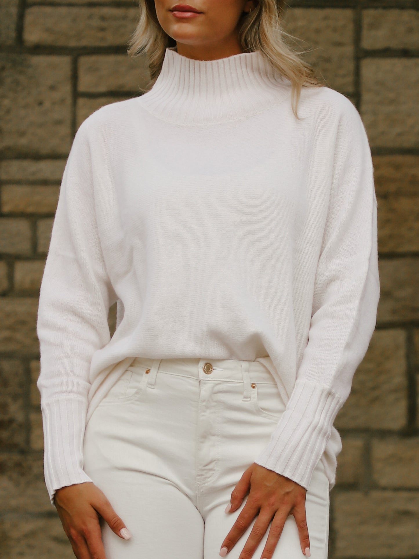 Cashmere Dolman Stand Neck Sweater in Soft White