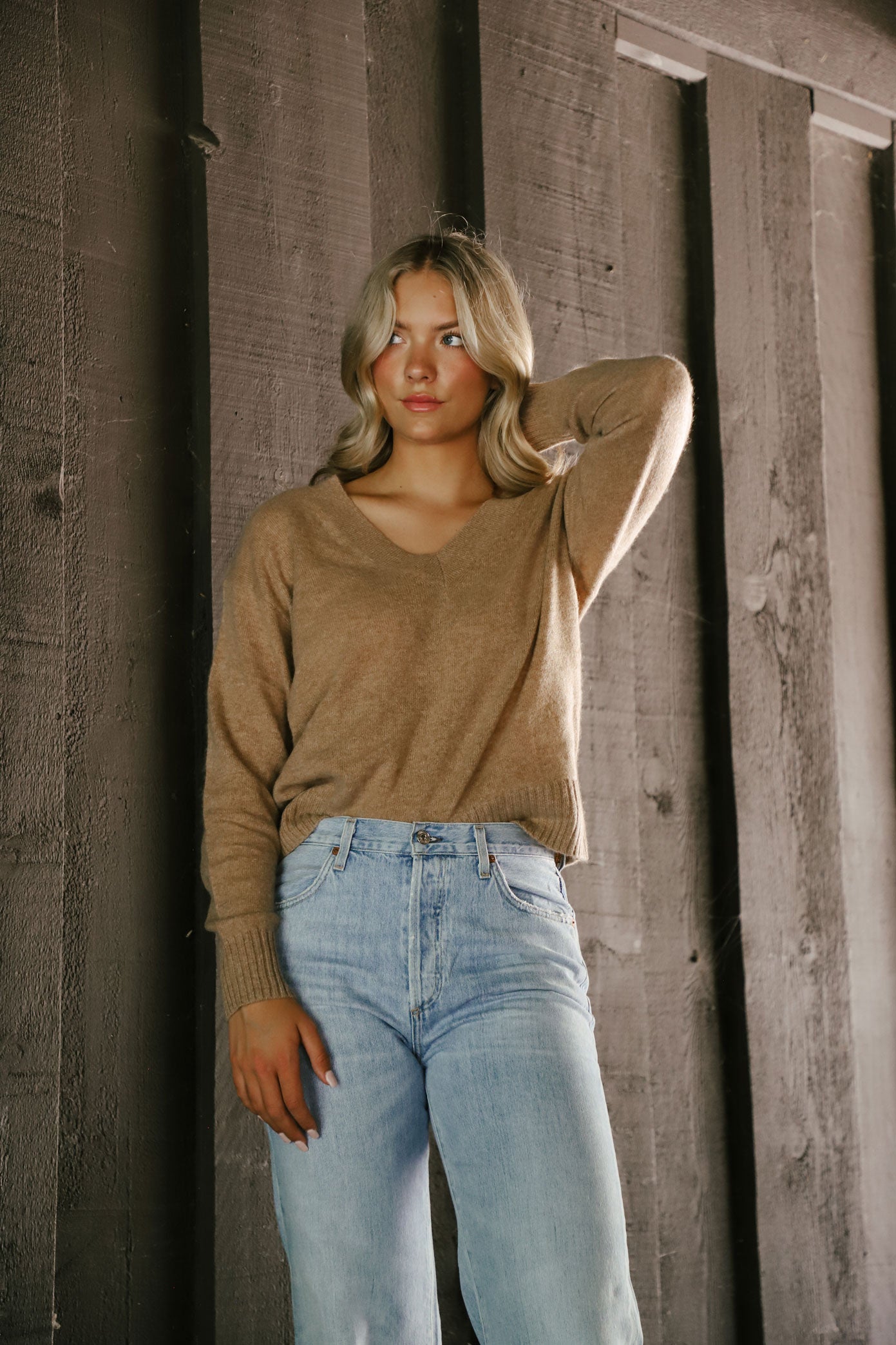 Cashmere Perfect V-Neck Sweater in Camel Heather