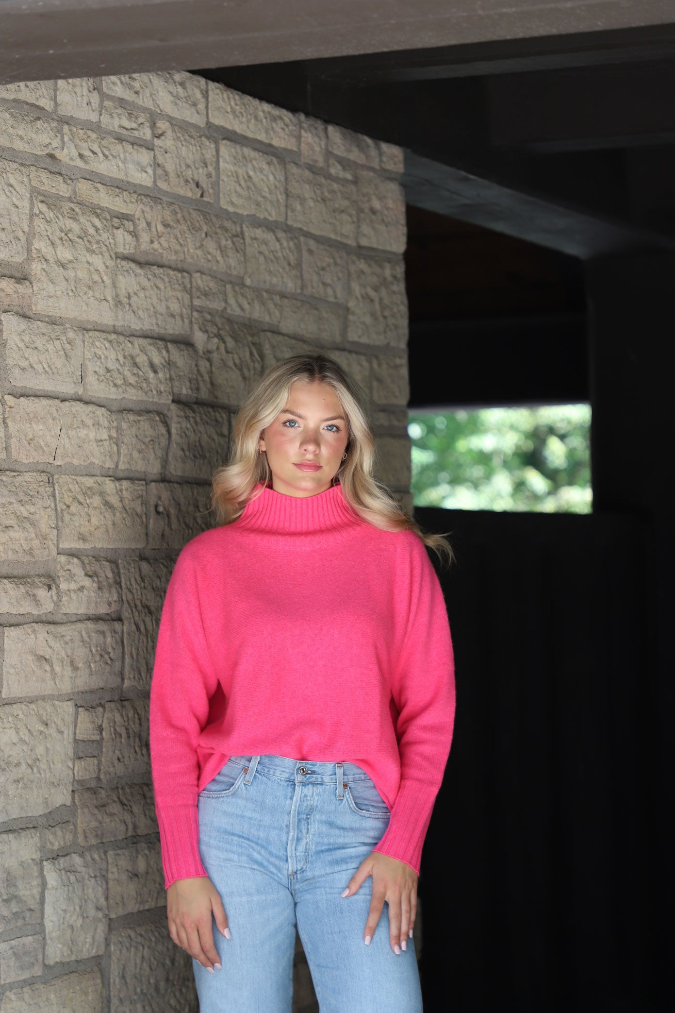 Cashmere Dolman Stand Neck Sweater in Bright Rose
