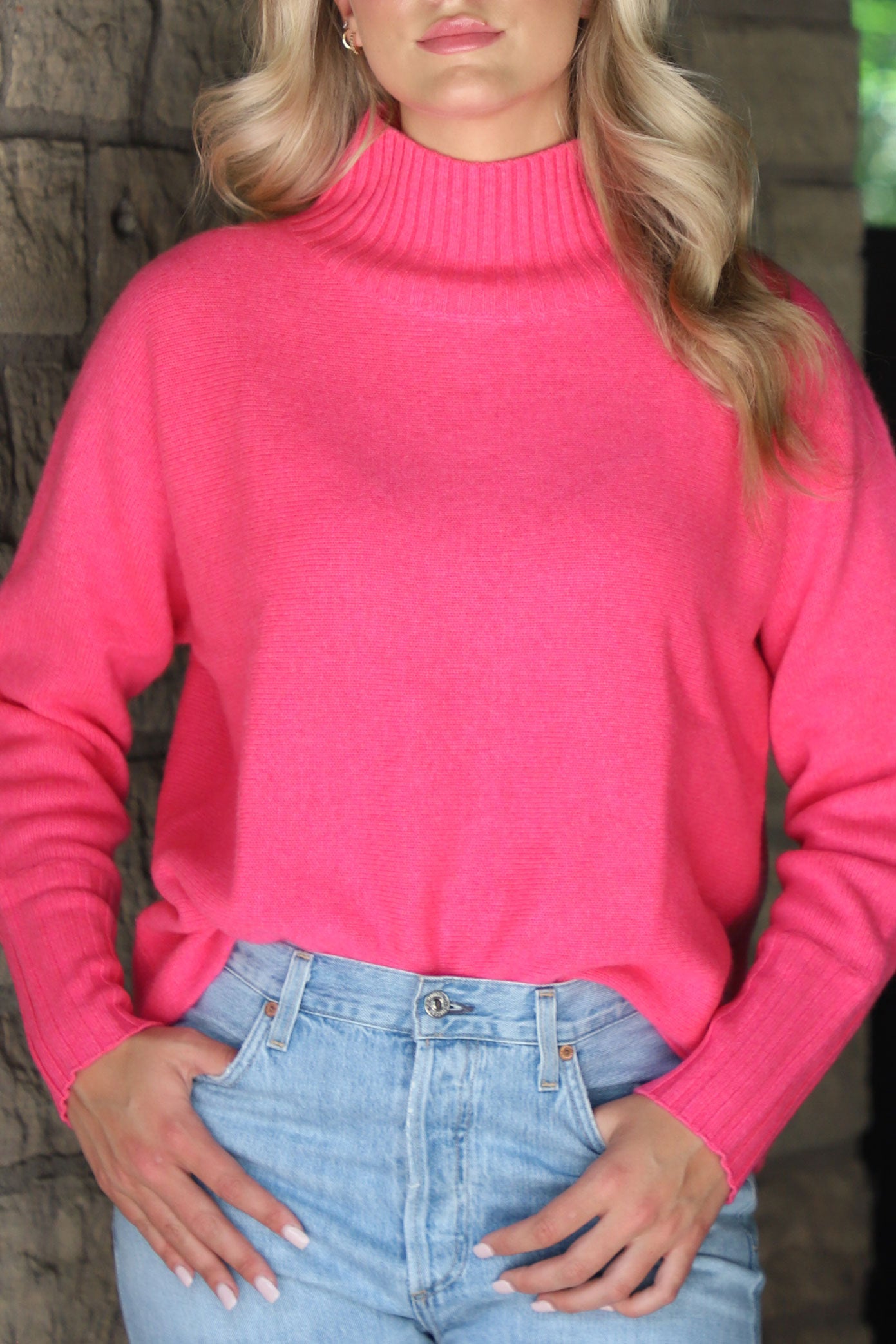 Cashmere Dolman Stand Neck Sweater in Bright Rose