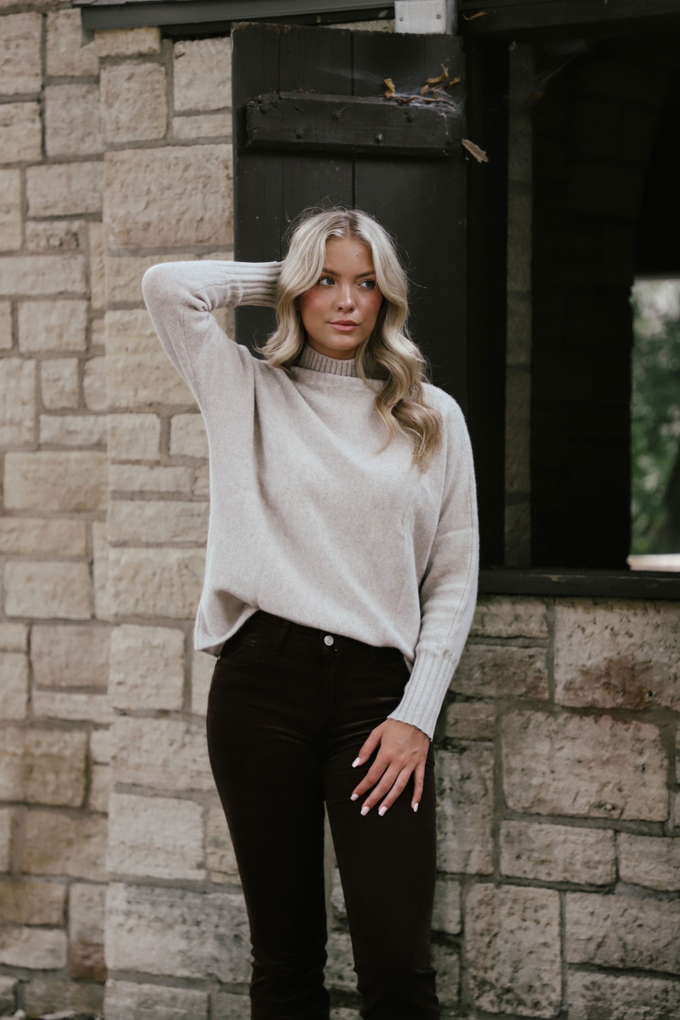 Cashmere Dolman Stand Neck Sweater in Sandwisp Heather