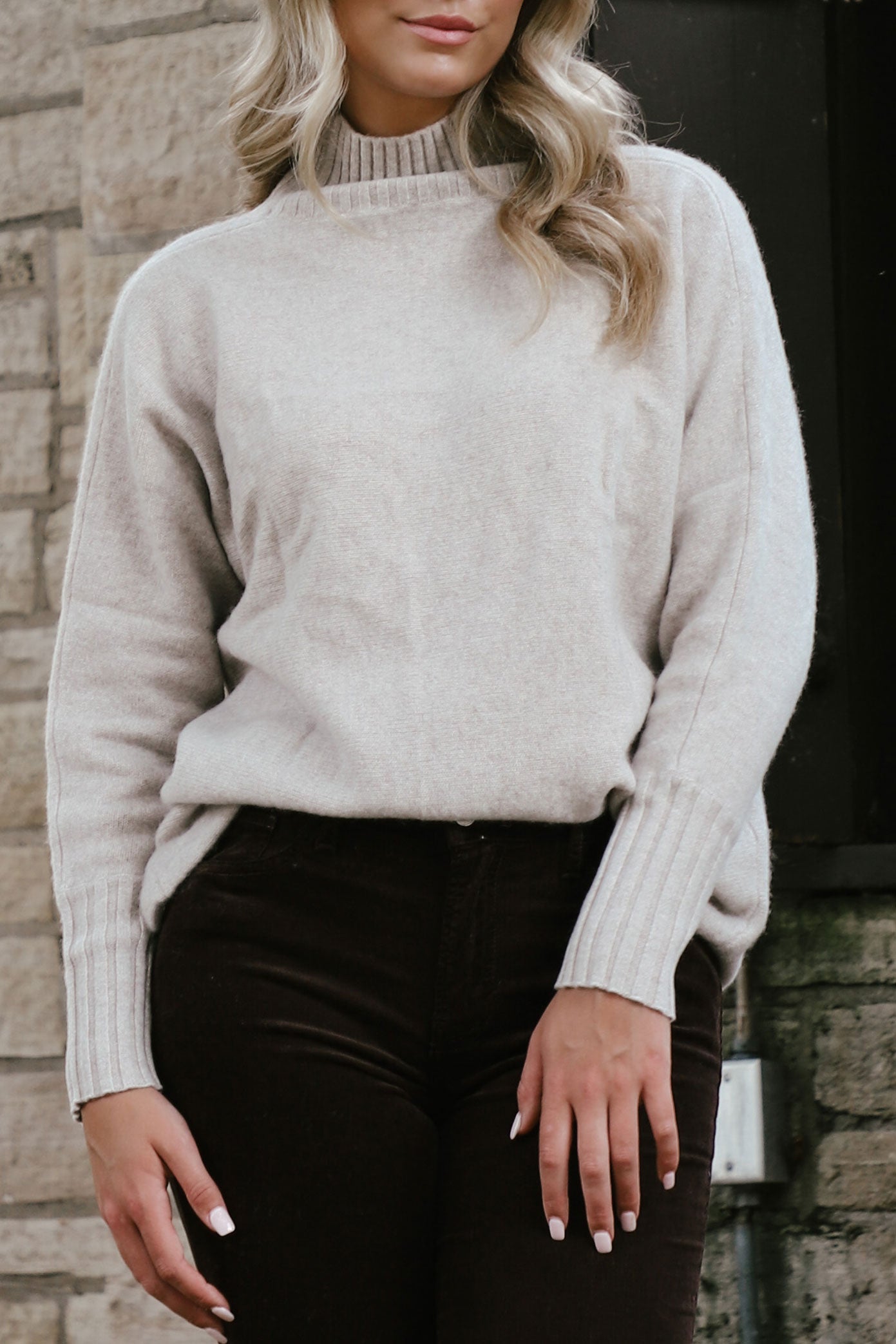 Cashmere Dolman Stand Neck Sweater in Sandwisp Heather