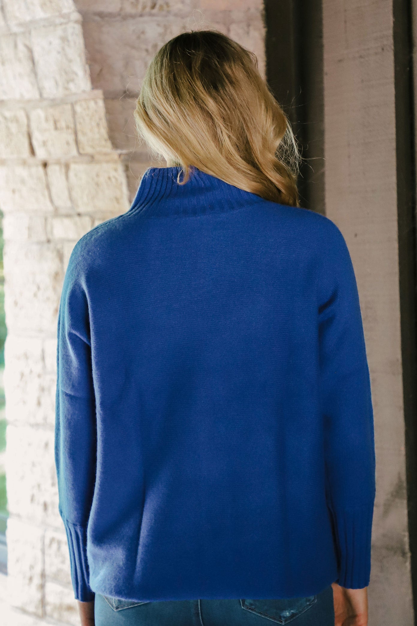 Cashmere Dolman Stand Neck Sweater in Admiral Blue