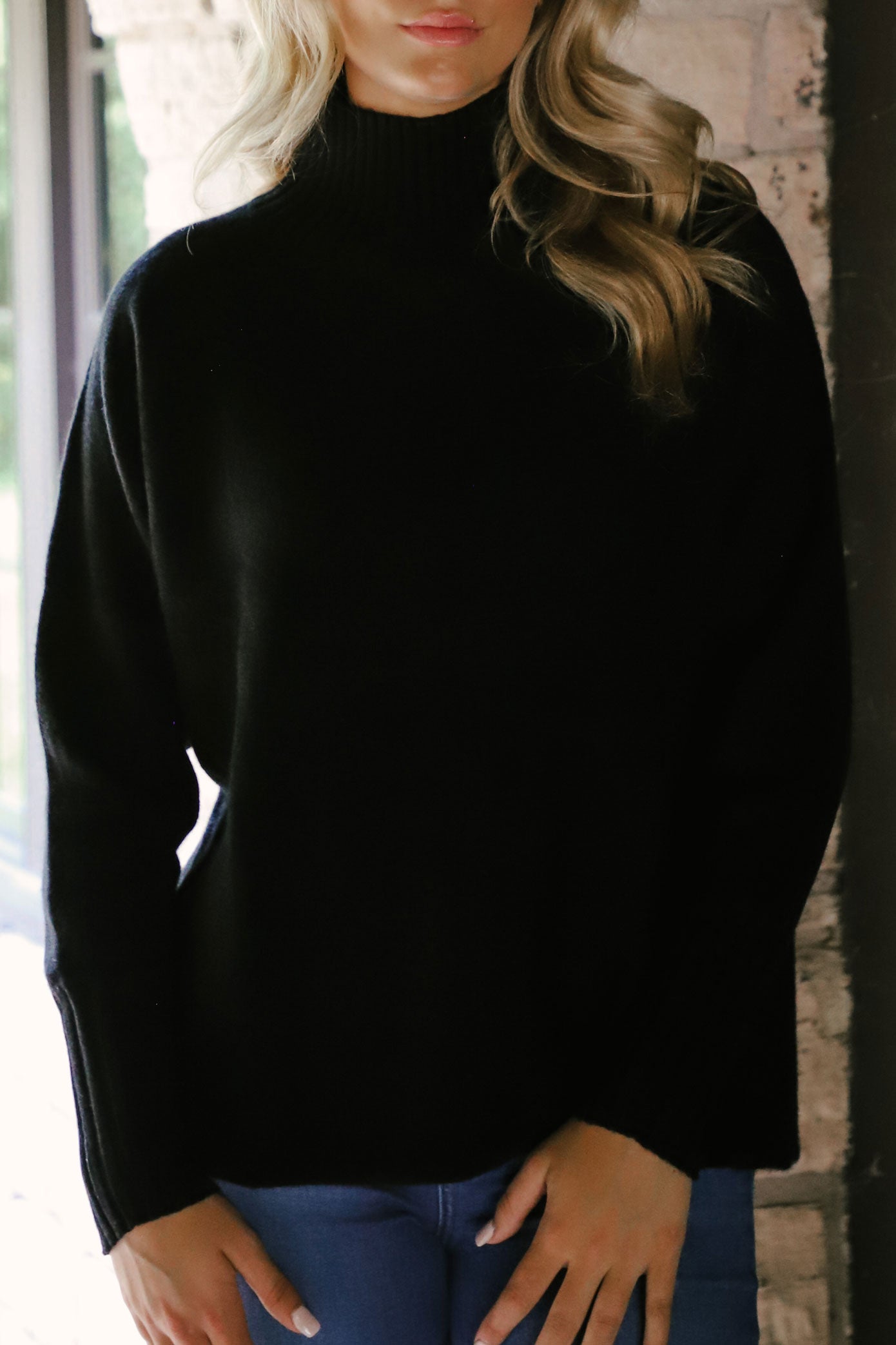 Cashmere Dolman Stand Neck Sweater in Black