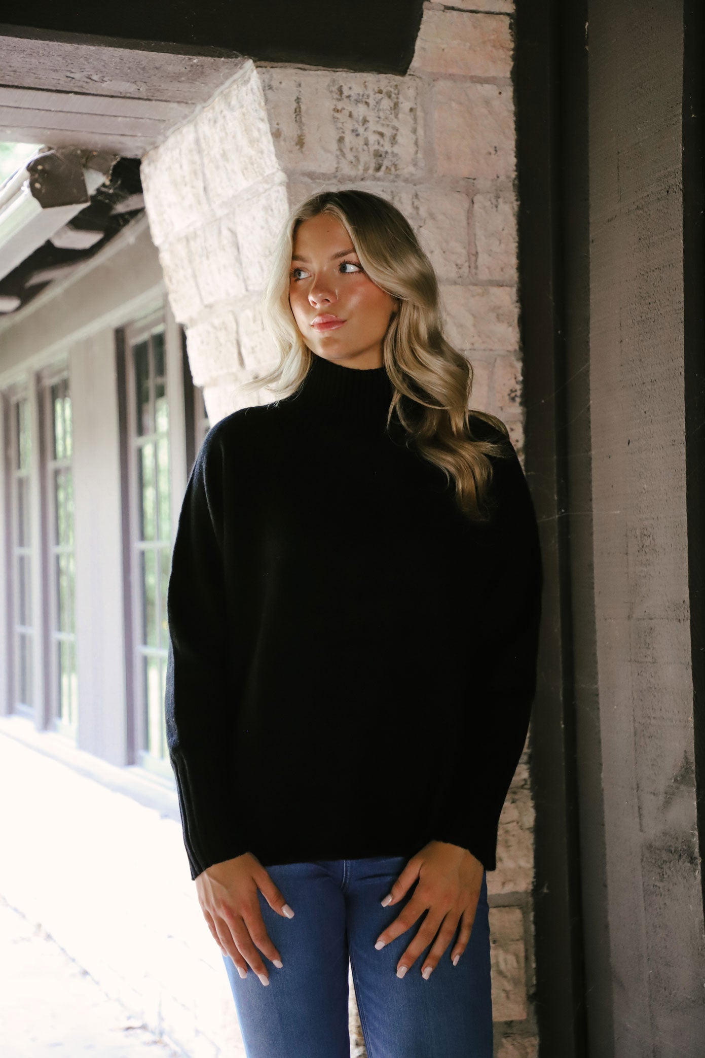 Cashmere Dolman Stand Neck Sweater in Black