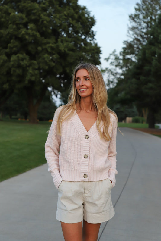 Cotton Tape V-Neck Cardigan in Rose Quartz