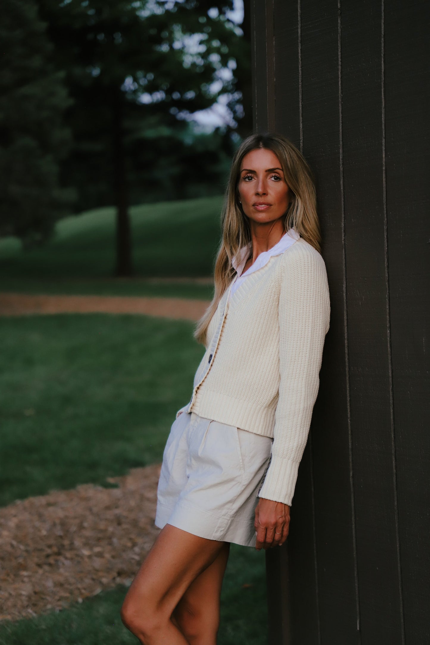 Cotton Tape V-Neck Cardigan in Wheat