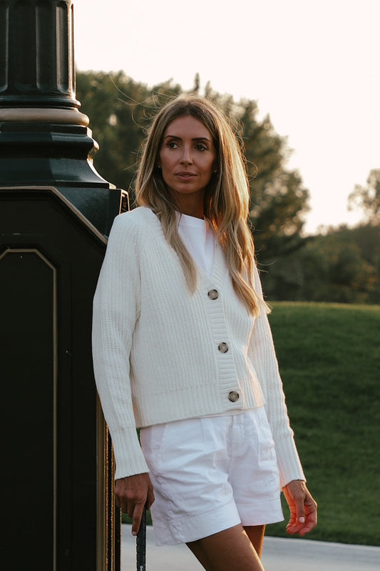 Cotton Tape V-Neck Cardigan in Bright White