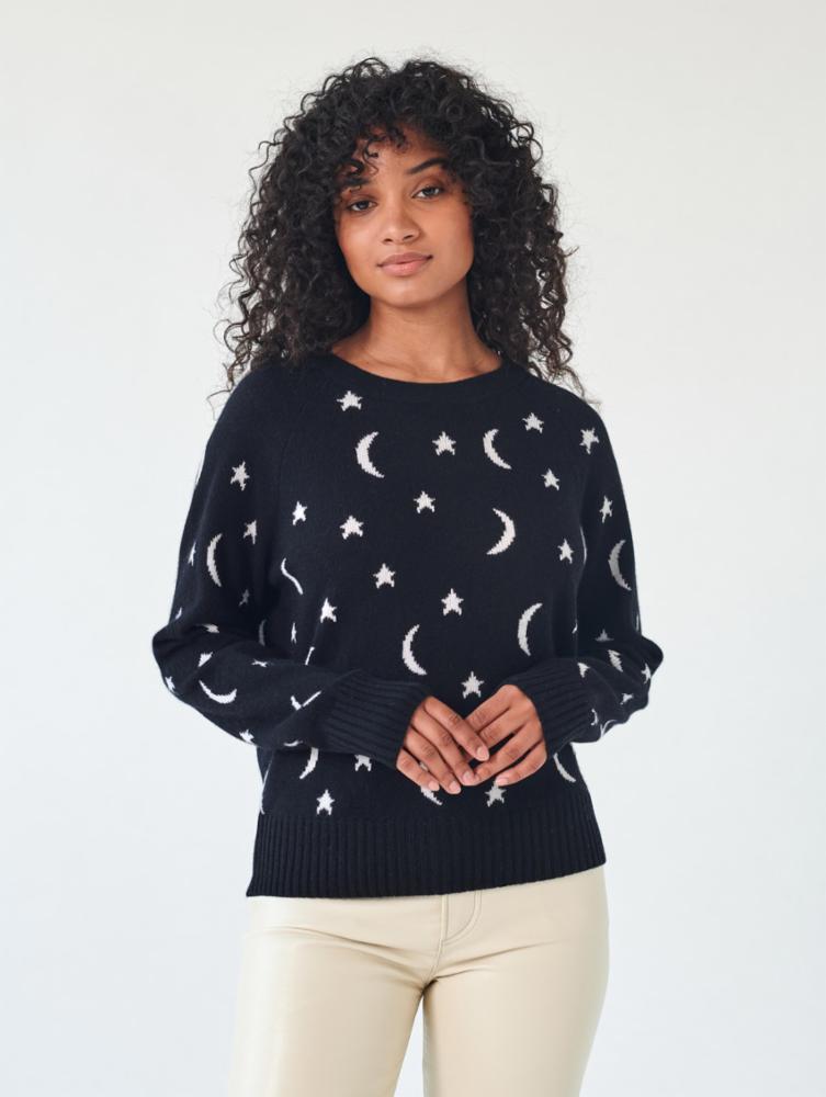 Cashmere New Moon Intarsia Sweatshirt in Black/Soft White