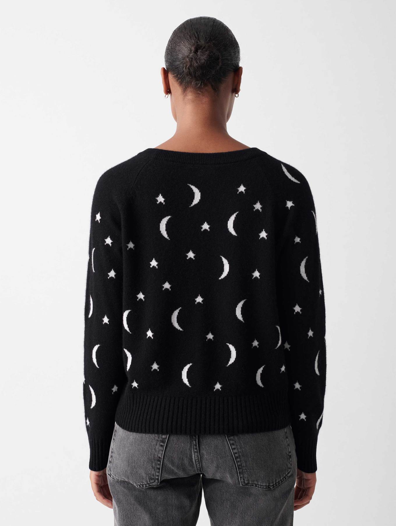 Cashmere New Moon Intarsia Sweatshirt in Black/Soft White