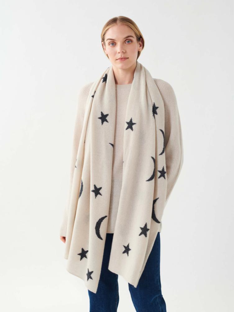 Cashmere New Moon Intarsia Scarf in Moonstone/Charcoal Heather
