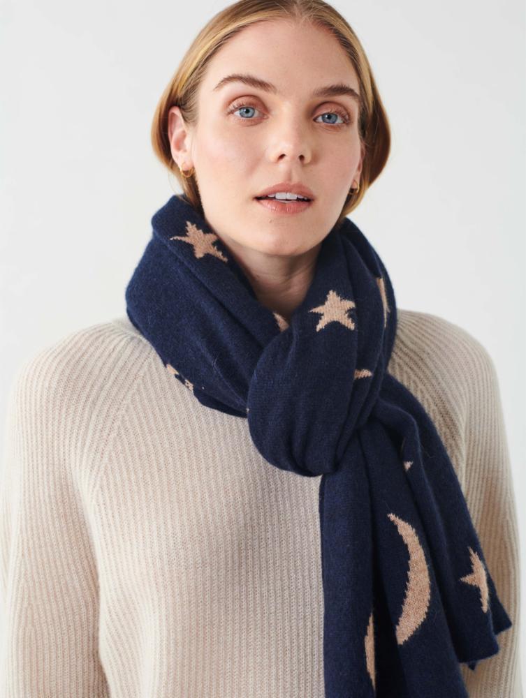 Cashmere New Moon Intarsia Scarf in Deep Navy/Camel